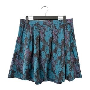ModCloth Teal Feather Jacquard Pleated A-Line Skirt with Pockets LARGE